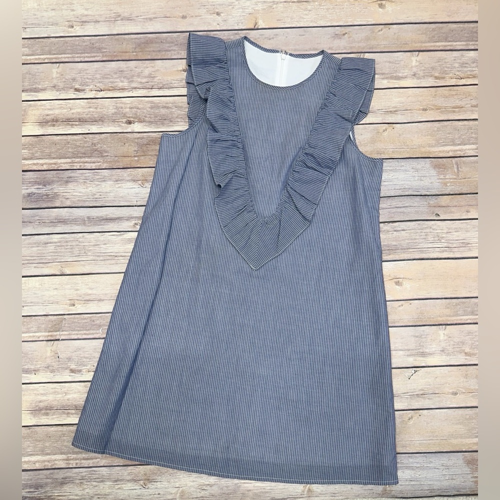 Express Women’s Ruffle Front Sleeveless Striped Shift  Dress Gray